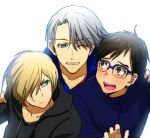  3boys black_hair blonde_hair blue-framed_eyewear blue_eyes brown_eyes glasses green_eyes grin hair_over_one_eye honchu hood hoodie jacket katsuki_yuuri male_focus multiple_boys one_eye_closed open_mouth silver_hair smile track_jacket upper_body viktor_nikiforov yuri!!!_on_ice yuri_plisetsky 