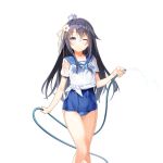  1girl black_hair blue_eyes crown emma_beauty flower hair_flower hair_ornament holding_hose long_hair official_art one_eye_closed school_swimsuit see-through shirt smile solo spraying swimsuit swimsuit_under_clothes tied_shirt transparent_background uchi_no_hime-sama_ga_ichiban_kawaii wet wet_clothes 