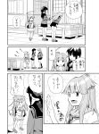  3girls ahoge architecture arms_at_sides bangs blunt_bangs blush box braid breasts clapping comic commentary_request crossed_arms donation_box east_asian_architecture fang full-face_blush greyscale hand_up hands_on_own_cheeks hands_on_own_face hikawa79 kantai_collection kitakami_(kantai_collection) kuma_(kantai_collection) large_breasts long_hair long_sleeves monochrome multiple_girls neckerchief ooi_(kantai_collection) open_mouth pleated_skirt school_uniform serafuku shoes short_sleeves shorts shrine sidelocks skirt smile sweat temple translation_request 