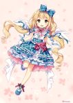  1girl angel_wings blonde_hair bow brown_eyes dress full_body futaba_anzu hair_bow hair_ribbon idolmaster idolmaster_cinderella_girls long_hair low_twintails nyanya open_mouth ribbon smile solo twintails white_background wings 