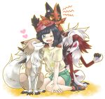  1girl ;d animal_ears bangs beanie black_hair blue_eyes blush bob_cut breasts cat_ears cat_tail claws closed_eyes dog eiki_(yumekapu) eyebrows_visible_through_hair female_protagonist_(pokemon_sm) floral_print green_shorts hat heart lycanroc one_eye_closed open_mouth outline parted_bangs paws poke_ball_theme pokemon pokemon_(game) pokemon_sm puppy red_hat ringed_eyes rock shirt shoes short_hair short_sleeves shorts sitting small_breasts smile sneakers tail tied_shirt tongue torracat twitter_username wariza wolf wolf_ears wolf_tail yellow_shirt 