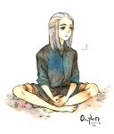  1boy barefoot blue_eyes character_name elf grey_hair long_hair lord_of_the_rings nyangsam open_mouth orophin pointy_ears simple_background sitting white_background 