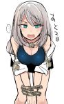  ... 1girl :d azu_(azu401) bent_over blue_eyes blush bound breasts chains cleavage grey_hair highres looking_at_viewer one-piece_swimsuit open_mouth simple_background smile solo spoken_ellipsis sweatdrop swimsuit tejina_senpai translated white_background 