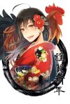  2017 ahoge animal animal_on_shoulder bird bird_on_shoulder black_hair chicken earrings flower hair_flower hair_ornament highres japanese_clothes jewelry kimono nora_nagi obi original rooster sash solo stud_earrings year_of_the_rooster yellow_eyes 