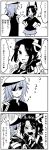  2girls black_gloves blush cape comic cosplay crying crying_with_eyes_open eyepatch flying_sweatdrops gloves grabbing greyscale hat headgear heart heart_background highres kaga3chi kantai_collection kiso_(kantai_collection) monochrome multiple_girls necktie one_eye_closed partly_fingerless_gloves pointing remodel_(kantai_collection) sailor_hat school_uniform short_hair simple_background tatsuta_(kantai_collection) tears tenryuu_(kantai_collection) tenryuu_(kantai_collection)_(cosplay) 