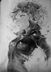  1girl black_dress curly_hair dress graphite_(medium) greyscale monochrome mossi one-punch_man short_hair sketch solo tatsumaki traditional_media 