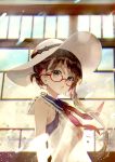  1girl blue_eyes bow brown_hair copyright_request flower glasses hair_flower hair_ornament hana_(asml30) hat hat_bow lace_trim long_hair looking_at_viewer neckerchief parted_lips red-framed_eyewear sailor_collar side_ponytail sleeveless solo sun_hat upper_body window 