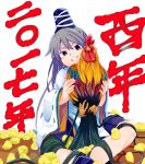  1girl bird blue_skirt chick chicken grey_eyes grey_hair grin hat japanese_clothes kariginu mononobe_no_futo ribbon-trimmed_sleeves ribbon_trim rooster sisikuku skirt smile tate_eboshi too_many too_many_chicks touhou wide_sleeves zodiac 