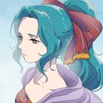 1girl ama__mt blue_background cape closed_mouth collarbone commentary dress eyebrows final_fantasy final_fantasy_vi gradient gradient_background green_eyes green_hair hair_intakes hair_ribbon lips long_hair ponytail ribbon shiny shiny_hair solo tina_branford 