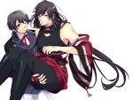  2boys bare_shoulders black_hair blue_eyes carrying horikawa_kunihiro izumi-no-kami_kanesada mego_(caplet) multiple_boys one_eye_closed princess_carry touken_ranbu 