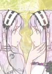  2girls bare_shoulders black_ribbon choker commentary commentary_request corsage dress euryale_(fate_series) eye_contact eyebrows eyebrows_visible_through_hair fate/grand_order fate/hollow_ataraxia fate_(series) frilled_dress frills hairband hand_on_another&#039;s_chin headdress highres jakunikukyoushoku lolita_hairband looking_at_another multiple_girls parted_lips purple_hair ribbon ribbon_choker siblings sidelocks sketch sleeveless sleeveless_dress stheno_(fate_series) symmetrical_hand_pose symmetry translated twins twintails upper_body violet_eyes white_dress 