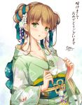  1girl :o bangs blue_bow blunt_bangs blush bow breasts brown_hair cleavage collarbone colored_eyelashes commentary_request copyright_request dated double_bun eyebrows_visible_through_hair floral_print flower green_eyes hair_bow hair_flower hair_ornament head_tilt highres japanese_clothes kimono long_sleeves looking_at_viewer medium_breasts moneti_(daifuku) nail_polish obi orange_nails parted_lips sash short_hair_with_long_locks sidelocks signature simple_background solo tassel translation_request underbust upper_body white_background white_flower wide_sleeves 
