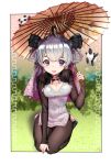  1girl absurdres ahoge bangs black_hair black_legwear blurry_background blush breasts center_opening china_dress chinese_clothes cleavage cleavage_cutout dress floral_print grass hair_rings hieung highres holding holding_umbrella long_sleeves looking_at_viewer looking_to_the_side multicolored_hair open_mouth oriental_umbrella original outdoors panda pantyhose shiny shiny_hair silver_hair sitting smile solo thick_eyebrows two-tone_hair umbrella violet_eyes 