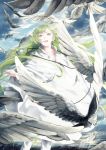  1boy :d androgynous bangs bird blue_eyes commentary_request cupping_hand enkidu_(fate/strange_fake) fate/strange_fake fate_(series) feathers green_hair highres long_hair mizutame_tori open_mouth poncho smile solo 