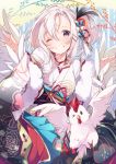  1girl :d bird chicken choker copyright_request feathers flower fur_trim hair_feathers hair_flower hair_ornament highres japanese_clothes kimono lavender_eyes long_hair obi one_eye_closed open_mouth pale_skin rooster sash smile solo umiko_(munemiu) white_hair wide_sleeves wings 
