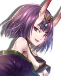  1girl armpits bangs bare_shoulders blunt_bangs breasts eyebrows_visible_through_hair fang fate/grand_order fate_(series) from_side headpiece looking_at_viewer looking_to_the_side medium_breasts nasaniliu off_shoulder oni_horns parted_lips purple_hair short_hair shuten_douji_(fate/grand_order) simple_background smile solo under_boob upper_body v-shaped_eyebrows violet_eyes white_background 