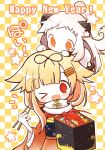  &gt;_o +_+ 2girls ;d ahoge blonde_hair bow chibi chopsticks dress hair_bow hair_flaps hair_ornament hair_ribbon hairclip happy_new_year holding horns japanese_clothes kantai_collection kimono lobster long_hair looking_at_viewer mittens multiple_girls new_year northern_ocean_hime obentou one_eye_closed open_mouth orange_eyes person_on_head ribbon scarf shinkaisei-kan smile translated white_dress white_hair white_skin wishbone yuudachi_(kantai_collection) 