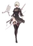  1girl arms_at_sides bangs black_boots black_dress black_gloves black_legwear blindfold boots breasts cleavage covered_eyes dress facing_viewer full_body gloves hairband highres holding holding_sword holding_weapon katana liu_lan mole mole_under_mouth nier_(series) nier_automata panties parted_lips pod_(nier_automata) puffy_sleeves robot shiny shiny_clothes short_dress short_hair side_slit silver_hair simple_background skindentation swept_bangs sword sword_behind_back thigh-highs thigh_boots underwear vambraces walking weapon white_background white_panties yorha_unit_no._2_type_b 