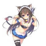  1girl animal_ears arm_garter blush bow breasts brown_hair cat_ears cat_tail cleavage cowboy_shot detached_collar emma_beauty frilled_legwear headdress leaning_forward long_hair looking_at_viewer navel nose_blush official_art paw_pose single_thighhigh skirt smile solo tail tail_bow thigh-highs transparent_background uchi_no_hime-sama_ga_ichiban_kawaii wristband 