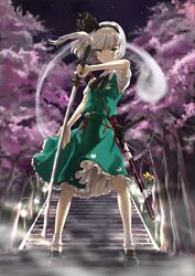  1girl 9901 black_bow black_bowtie black_ribbon black_shoes bobby_socks bow bowtie buttons cherry_blossoms flower full_body green_eyes green_skirt hair_ribbon highres katana konpaku_youmu konpaku_youmu_(ghost) looking_at_viewer night night_sky outdoors ribbon serious sheath sheathed shoes short_hair short_sleeves silver_hair skirt skirt_set sky socks solo stairs standing star_(sky) starry_sky stone_lantern sword touhou tree vest weapon white_legwear 