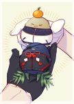  =_= animal animalization beige_background bird black_gloves black_jacket blush clothed_animal emphasis_lines eyepatch food food_on_head fruit fruit_on_head gloves heshikiri_hasebe in_palm jacket mandarin_orange new_year object_on_head out_of_frame plant red_ribbon ribbon sasaki_(tl_s) shokudaikiri_mitsutada stitches touken_ranbu white_gloves year_of_the_rooster 