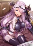  1girl alternate_costume arm_support blue_eyes breasts bursting_breasts cleavage_cutout doraf from_above granblue_fantasy hair_over_one_eye horns impossible_clothes large_breasts lavender_hair lips long_hair misao_(kami_no_misoshiru) narumeia_(granblue_fantasy) open_mouth pointy_ears sidelocks sitting skin_tight skindentation spandex tongue very_long_hair 