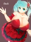  1girl aqua_eyes aqua_hair bare_shoulders breasts brown_background cleavage collarbone dress drill_hair facominn flower hair_flower hair_ornament highres huge_breasts looking_at_viewer red_dress rose simple_background smile solo twin_drills 