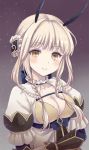  1girl blonde_hair blush braid breasts cleavage genderswap genderswap_(mtf) horns la_pucelle_(mahoiku) long_hair looking_at_viewer mahou_shoujo_ikusei_keikaku puffy_short_sleeves puffy_sleeves short_sleeves smile solo tobade_(tbdfactory) twin_braids upper_body yellow_eyes 