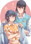  1boy 1girl black_hair blue_eyes blush crossed_arms eyebrows_visible_through_hair genderswap genderswap_(ftm) height_difference jacket_on_shoulders kill_la_kill kiryuuin_satsuki long_hair matoi_ryuuko midriff pajamas short_hair sleeves_rolled_up sweater_vest thick_eyebrows yorukun 