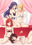  4girls ayase_eli black_hair blonde_hair blue_eyes blush bra breast_grab breasts cleavage floral_print frilled_bra frilled_panties frills garters grabbing green_eyes grin highres hoshisakura_(starblossom) lace lace-trimmed_bra lace-trimmed_panties lap_pillow long_hair love_live! love_live!_school_idol_project multiple_girls navel nishikino_maki one_eye_closed panties ponytail purple_hair red_eyes redhead rose_print smile toujou_nozomi twintails underwear underwear_only violet_eyes wink yazawa_nico yuri 