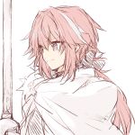  1boy 1girl armor blue_eyes braid cape citron_82 fate/apocrypha fate/grand_order fate_(series) long_hair pink_hair rider_of_black solo sword trap weapon 