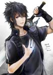  1boy black_hair blue_eyes final_fantasy final_fantasy_xv fingerless_gloves gloves highres holding holding_weapon jacket jewelry noctis_lucis_caelum ring shirt short_hair short_sleeves simple_background smile solo sword weapon 
