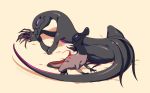  artist_name ko-on_(ningen_zoo) lizard lizard_tail lying no_humans pokemon pokemon_(creature) pokemon_(game) pokemon_sm salandit salazzle simple_background slit_pupils smile tail twitter_username violet_eyes yellow_background 