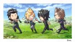 artist_name black_hair blonde_hair blue_eyes boots camera chibi closed_eyes clouds final_fantasy final_fantasy_xv fingerless_gloves freckles gladiolus_amicitia gloves grass hinoe_(dd_works) ignis_scientia jacket multiple_boys noctis_lucis_caelum prompto_argentum running scar scar_across_eye shirt short_sleeves sky sleeveless smile t-shirt tattoo thumbs_up 
