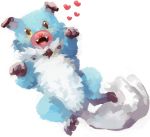  :d alternate_color animal_ears dog dog_ears dog_paws dog_tail fangs fluffy green_eyes heart looking_at_viewer lying mayo_cha no_humans on_back open_mouth paws pokemon pokemon_(creature) pokemon_(game) pokemon_sm puppy rock rockruff shiny_pokemon simple_background smile solo tail tongue white_background 
