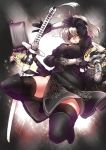  1girl ayyh black_boots black_dress black_gloves black_legwear blindfold boots breasts cleavage_cutout covered_eyes dress full_body gloves highres jumping katana knee_boots magic_circle nier_(series) nier_automata panties parted_lips pod_(nier_automata) robot short_hair sword thigh-highs underwear vambraces weapon white_hair white_panties yorha_unit_no._2_type_b 