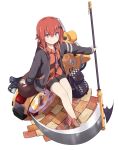  &gt;:) 1girl backpack bag bat_hair_ornament c: commentary_request gabriel_dropout ground_vehicle hair_ornament highres holding jacket kurumizawa_satanichia_mcdowell long_hair looking_at_viewer motor_vehicle redhead scooter scythe shorts sitting sitting_on_object smile solo ukami 