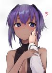  2girls assassin_(fate/prototype_fragments) bangs blue_eyes blush breasts cleavage cleavage_cutout closed_mouth fate/grand_order fate/prototype fate/prototype:_fragments_of_blue_and_silver fate_(series) fujimaru_ritsuka_(female) hair_between_eyes hand_on_another&#039;s_cheek hand_on_another&#039;s_face heart leotard long_sleeves looking_at_hand medium_breasts monobe_tsukuri multiple_girls nose_blush pov purple_hair short_hair_with_long_locks simple_background smile solo_focus turtleneck upper_body white_background 