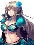  1girl aqua_eyes blue_glower breasts brown_hair cleavage flower hair_flower hair_ornament highres jewelry long_hair midriff navel necklace sasaki_ryou sengoku_collection solo 