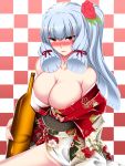  1girl alternate_breast_size bangs bare_shoulders blue_hair blunt_bangs blush bottle breasts checkered checkered_background cleavage collarbone flower hair_flower hair_ornament hakkai highres japanese_clothes kantai_collection kimono large_breasts long_hair looking_at_viewer murakumo_(kantai_collection) off_shoulder ponytail red_eyes sake_bottle sidelocks smile solo 