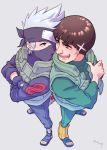  2boys back-to-back black_hair brown_eyes forehead_protector gloves hatake_kakashi mask might_guy multiple_boys naruto open_mouth risuo silver_hair standing 