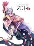  1girl 2017 bird chicken fan fox_girl fox_tail happy_new_year highres japanese_clothes kazuki_seihou kimono new_year original rooster short_hair silver_hair slit_pupils solo tail translated yellow_eyes 