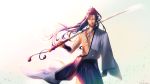  1boy assassin_(fate/stay_night) blue_hair daimon560 fate/stay_night fate_(series) highres holding holding_weapon japanese_clothes katana looking_at_viewer male_focus over_shoulder ponytail solo sword sword_over_shoulder weapon weapon_over_shoulder wind 