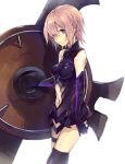 1girl armor armored_dress bare_shoulders black_dress breasts dress elbow_gloves fate/grand_order fate_(series) gloves hair_over_one_eye looking_at_viewer medium_breasts navel_cutout purple_hair senghei_jerryu shield shielder_(fate/grand_order) short_dress short_hair thigh-highs type-moon violet_eyes 