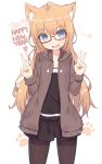  1girl 2017 ahoge animal_ears black_legwear black_skirt blonde_hair blue_eyes cat_ears cowboy_shot double_v eyebrows_visible_through_hair fang glasses happy_new_year heart highres long_hair looking_at_viewer new_year original pantyhose red-framed_eyewear semi-rimless_glasses shone simple_background skirt solo standing tail thighband_pantyhose under-rim_glasses v white_background 