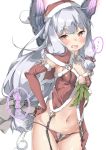  ... 1girl alternate_costume bangs bell blush bow bow_panties bowtie breasts brown_eyes capelet cleavage cowboy_shot ebifurya elbow_gloves eyebrows_visible_through_hair fang fur_trim garter_straps gloves grey_bow grey_bowtie groin hair_ribbon hand_on_hip hat headgear highres kantai_collection leaf long_hair looking_at_viewer murakumo_(kantai_collection) navel open_mouth panties red_gloves red_legwear red_ribbon ribbon santa_costume short_eyebrows side-tie_panties sidelocks silver_hair simple_background small_breasts solo speech_bubble spoken_ellipsis stomach thick_eyebrows thigh_gap translated tress_ribbon tsurime underwear very_long_hair white_background 