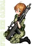  1girl ahoge blush boots brown_hair camouflage camouflage_pants fingerless_gloves gloves green_eyes hair_between_eyes highres ichigaya_ayane jumpsuit looking_at_viewer military nose_blush official_art pants shimashima08123 sitting sniper_scope tears tokyo_exe_girls wariza weapon 