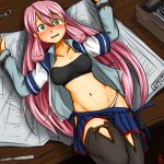  1girl akashi_(kantai_collection) bandeau bdsm blue_skirt blush bondage bound bound_wrists breasts cleavage cy301 desk green_eyes hair_ribbon hip_vent kantai_collection long_hair long_sleeves looking_at_viewer lying navel on_back on_desk open_clothes panties pink_hair pleated_skirt restrained ribbon rope school_uniform serafuku skirt solo strapless sweat tears thigh-highs tress_ribbon tubetop underwear white_panties 