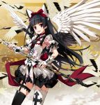  &gt;:d 1girl :d armpits bird black_hair black_necktie black_skirt black_wings bow breasts corset cowboy_shot feathered_wings floral_print garter_straps gate_-_jieitai_ka_no_chi_nite_kaku_tatakaeri hair_bow highres hime_cut holding holding_weapon long_hair looking_at_viewer mismatched_legwear multicolored_wings necktie nyoronyoro open_mouth puffy_short_sleeves puffy_sleeves red_bow red_eyes rory_mercury short_sleeves skirt small_breasts smile solo thigh-highs thigh_strap weapon white_bow white_wings wings 