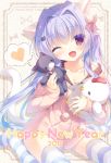  1girl 2017 ;d animal_ears artist_name bangs blue_legwear blush brown_eyes brown_ribbon cat_ears cat_girl cat_hair_ornament cat_tail collarbone dotted_line fang hair_intakes hair_ornament hair_ribbon hairclip heart holding holding_stuffed_animal hood hoodie lavender_hair long_hair looking_at_viewer one_eye_closed open_mouth original pom_pom_(clothes) ribbon sitting sleepwear smile solo spoken_heart striped striped_legwear striped_ribbon stuffed_animal stuffed_cat stuffed_chicken stuffed_toy tail very_long_hair wariza white_legwear year_of_the_rooster yukie_(peach_candy) 